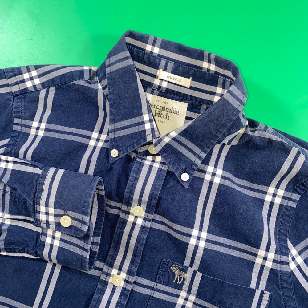 Abercrombie Fitch Mens Navy White Plaid‎ Muscle Fit L Sleeve Button Down Shirt L